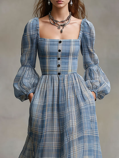 Western Retro Long-Sleeved Blue And White Checkered Chiffon Maxi Dress