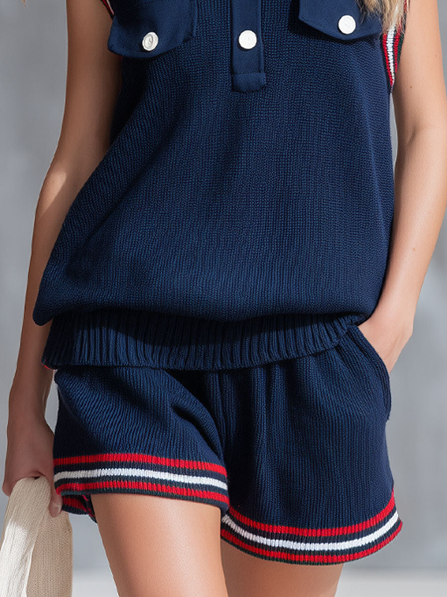 Collared Button-up Contrasting Ribbed Sleeveless Knit Top And Shorts Set