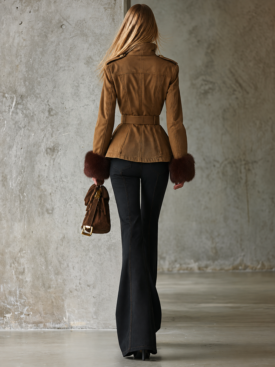 Women’s Khaki Military Jacket With Belt Gold Buttons And Fur Cuffs