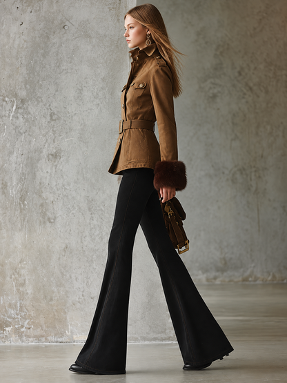Women’s Khaki Military Jacket With Belt Gold Buttons And Fur Cuffs