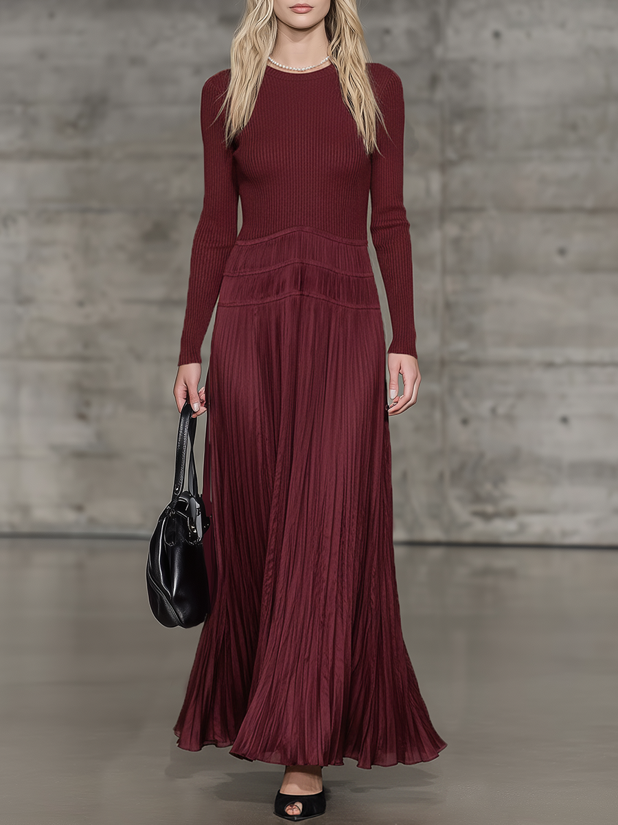 Stylish Knitted Round Neck Top With Matte Satin Pleated Hem Maxi Dress
