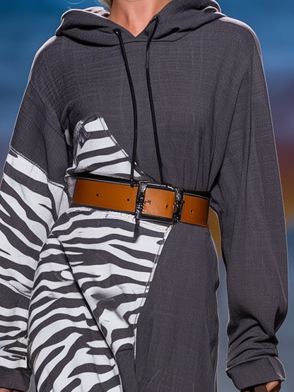Stylish Grey Patchwork Zebra Print Hooded Maxi Dress