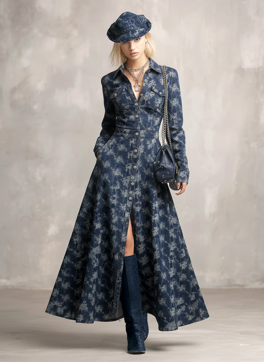Trendy And Unique Rose Print Collared Blue Denim Button-down Maxi Dress