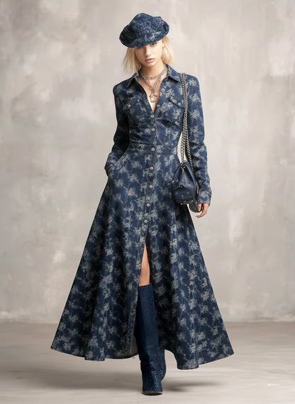Trendy And Unique Rose Print Collared Blue Denim Button-down Maxi Dress