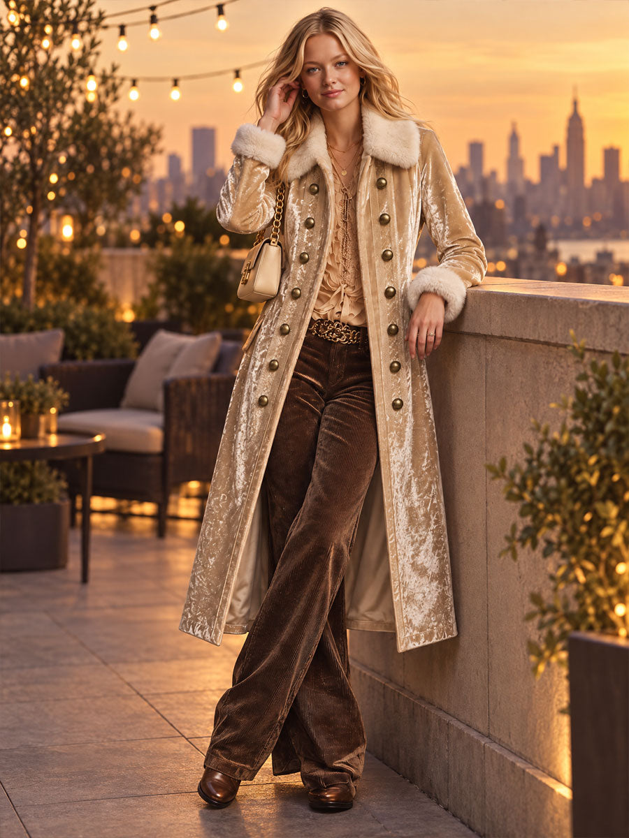 Retro Elegant Champagne Velvet Faux Fur-Trimmed Double-Breasted Long Coat