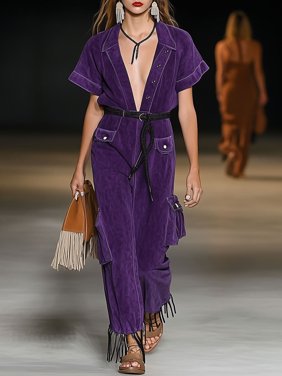 Casual Loose Retro Purple Suede Short Sleeve Tassel Wide Leg Jumpsuit