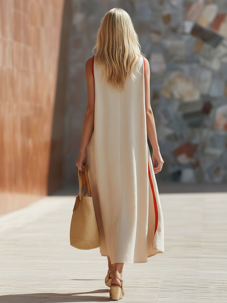 Casual Retro Red Ribbon Beige V-neck Sleeveless Cotton Linen Midi Dress