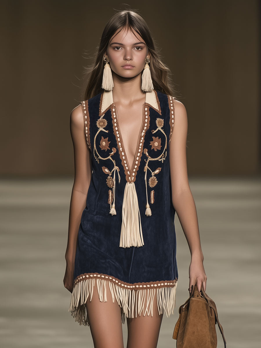 Casual Loose Vintage Suede Bohemian Embroidered Tassel Sleeveless Mini Dress