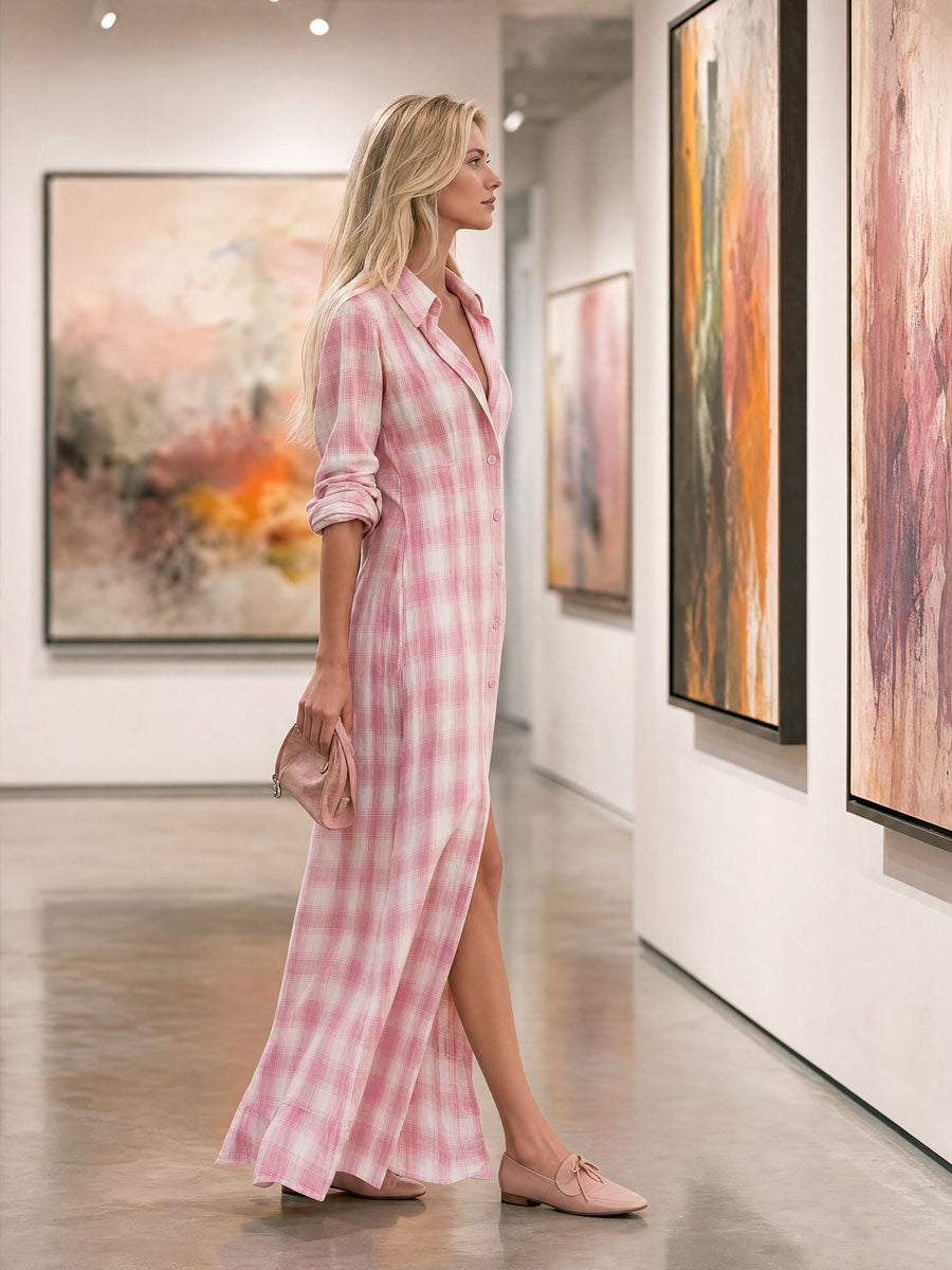 Retro Pink Plaid Collared Single-breasted Cotton Maxi Dress