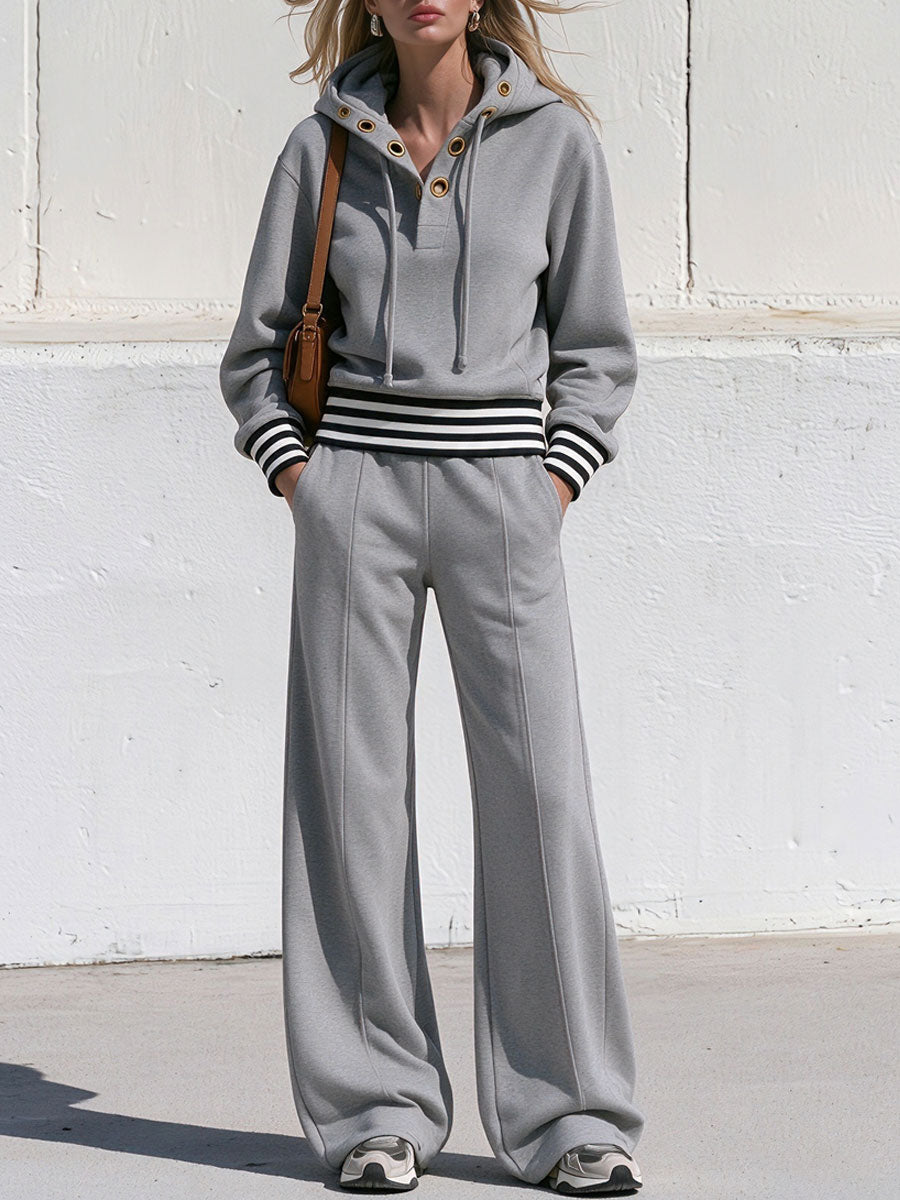 Retro Sporty Grey Cotton Eyelet Hoodie And Pants Set