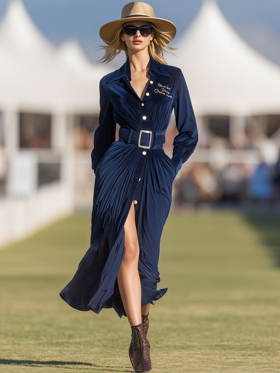 Stylish And Casual Button-down Dark Blue Midi Dress