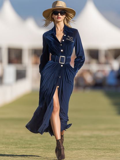 Stylish And Casual Button-down Dark Blue Midi Dress