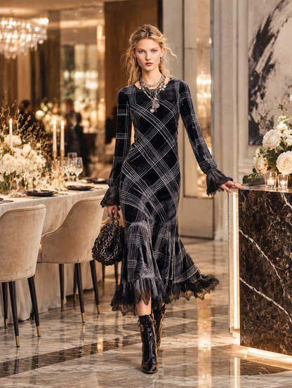 Elegant Lace-Trimmed Black Plaid Lace-Trimmed Velvet Midi Dress
