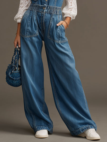 Fashionable Retro Blue Denim Elastic Waist Sleeveless Wide-leg Jumpsuit