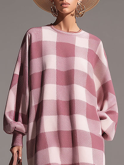 Casual Loose-fitting White And Pink Plaid Round Neck Knit Midi Dress