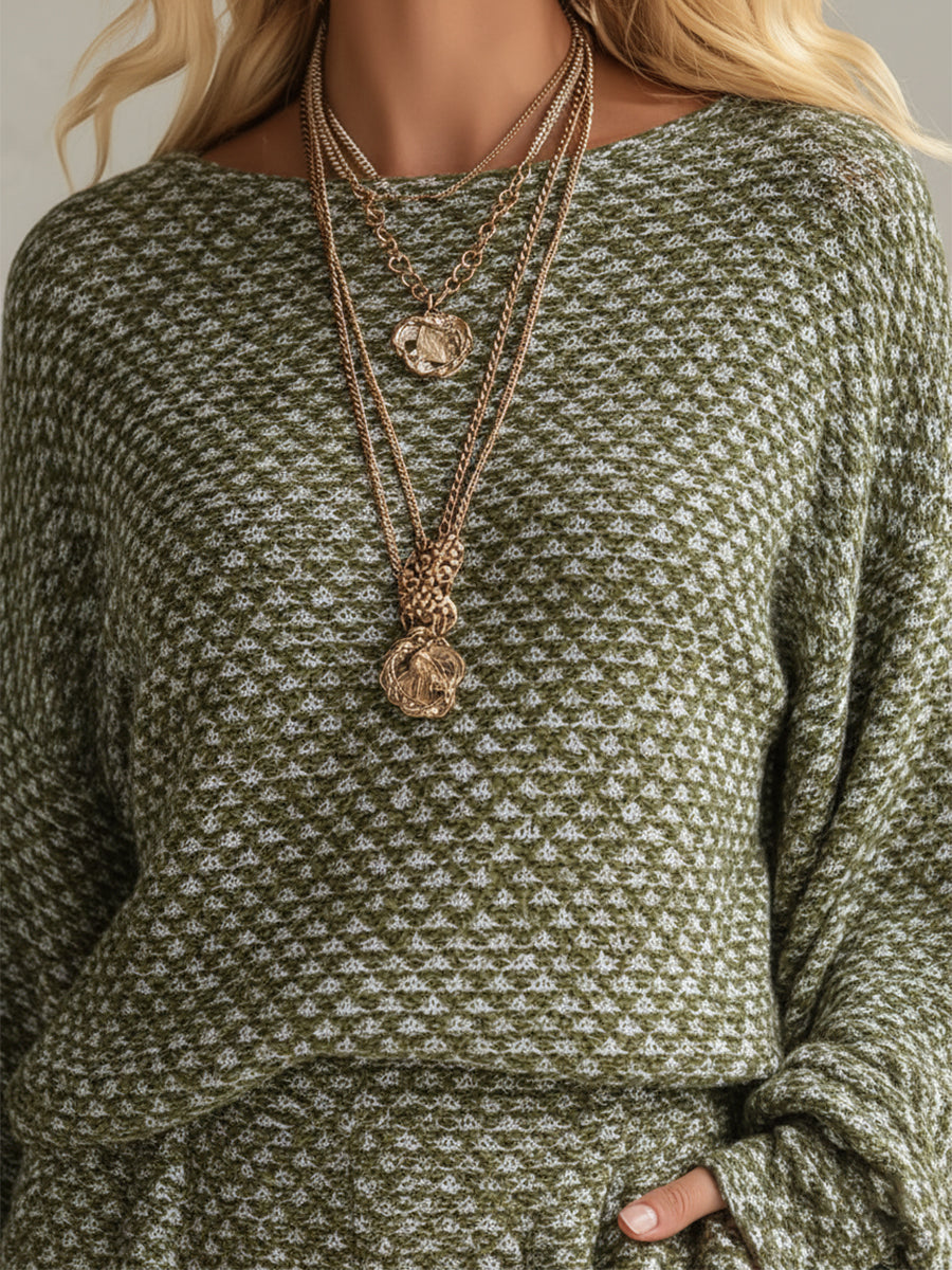 Elegant And Comfortable Olive Green Textured Thin Knit Top And Wide-leg Pants Set