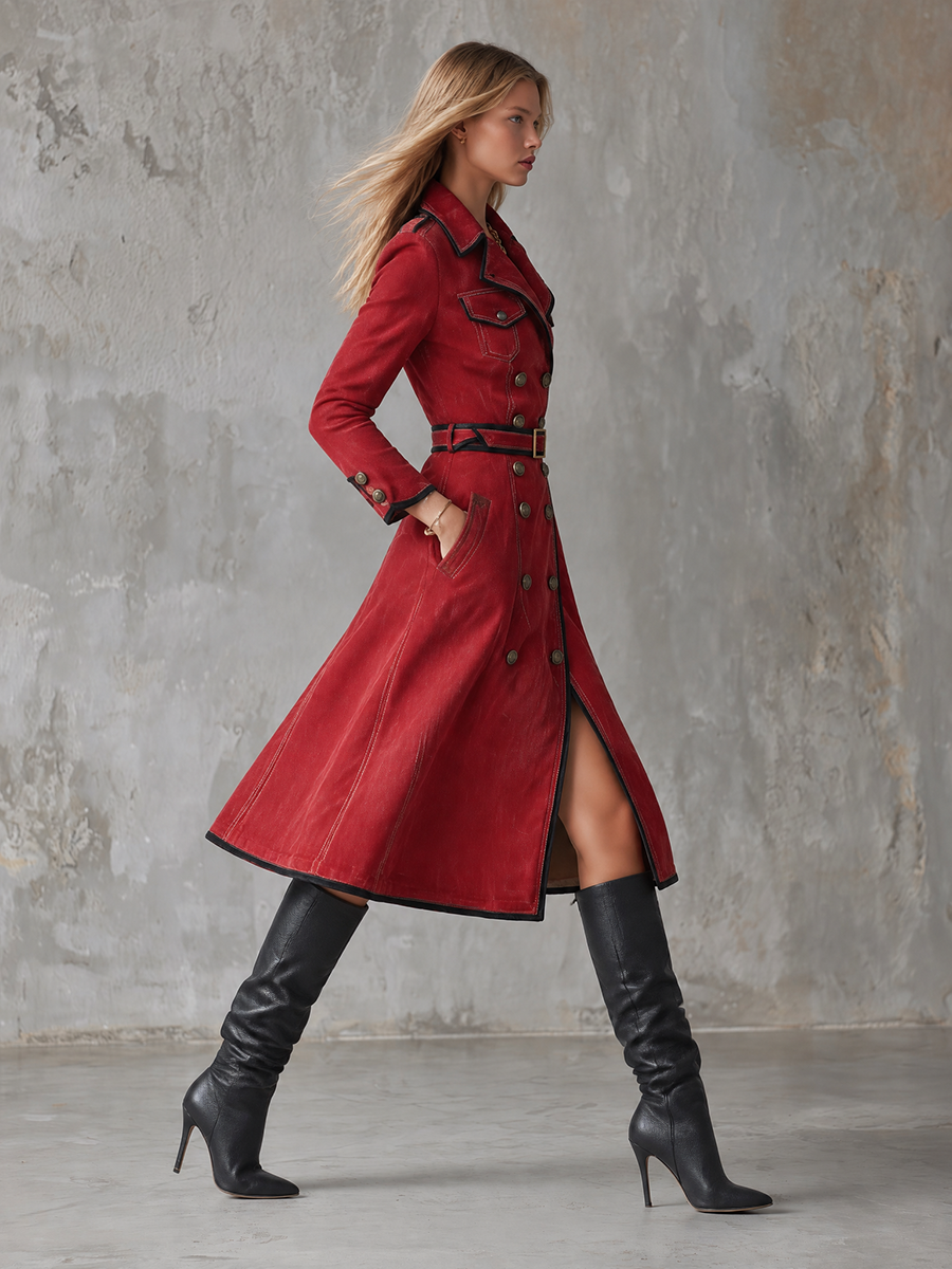 Women’s Red Double Breasted Trench Dress With Belt And Military Details