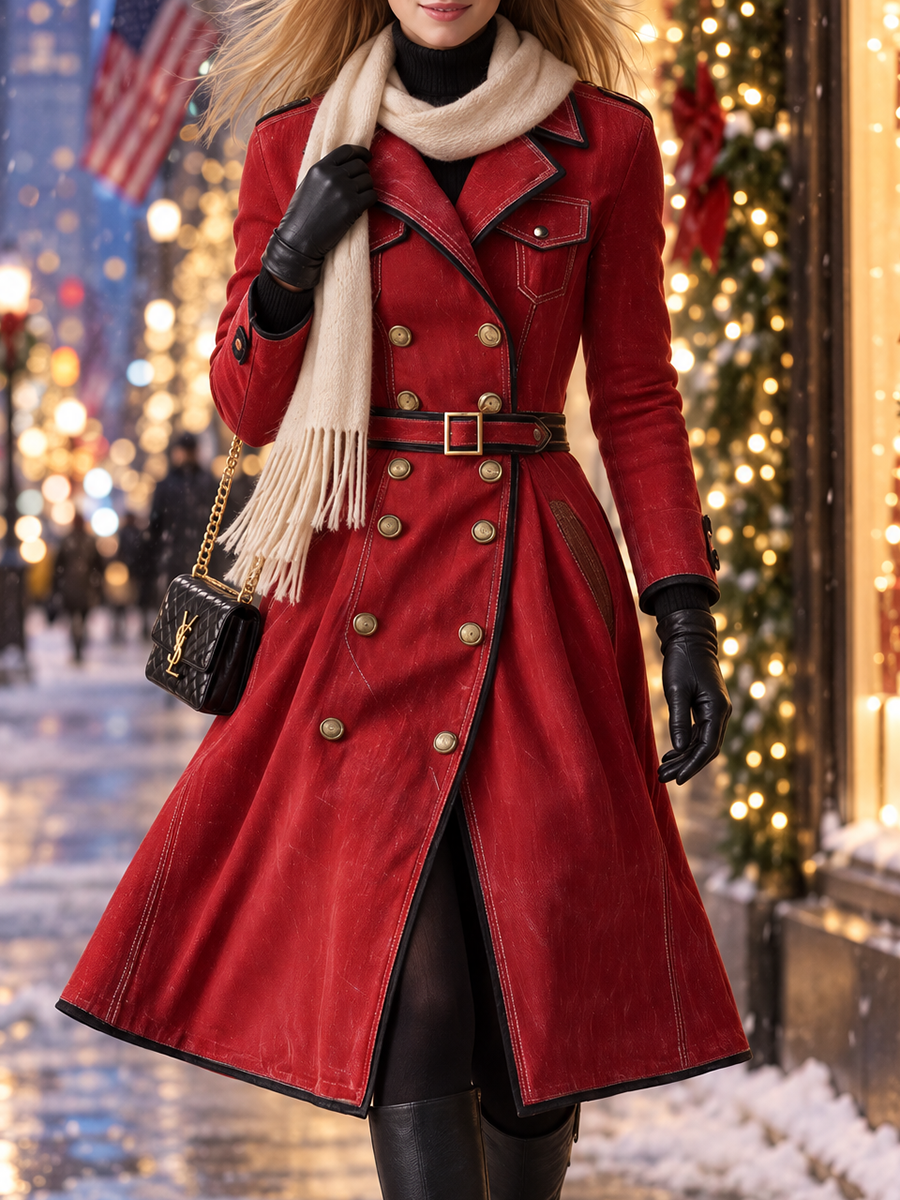Women’s Red Double Breasted Trench Dress With Belt And Military Details
