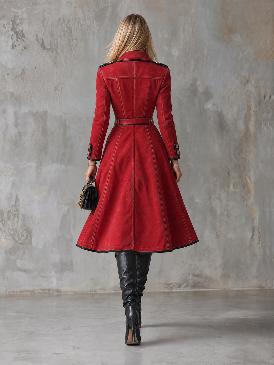 Women’s Red Double Breasted Trench Dress With Belt And Military Details