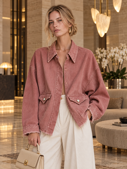 Oversized Washed Denim Jacket with Frayed Hem