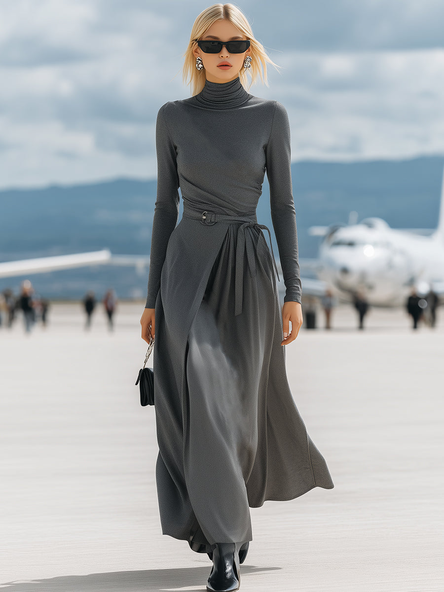 High-neck Casual Gray Tie-up Maxi Dress