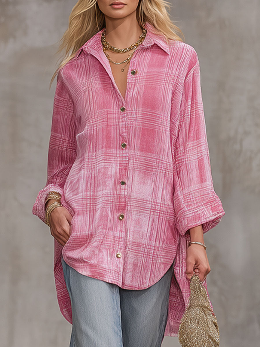 Loose-fitting Pink Plaid Velvet Long-sleeved Shirt