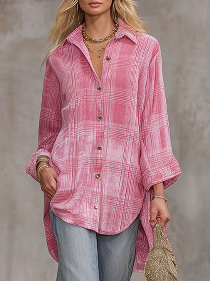 Loose-fitting Pink Plaid Velvet Long-sleeved Shirt