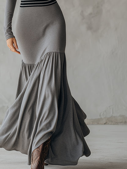 Stylish And Sexy Sporty Striped Gray Cotton Maxi Dress