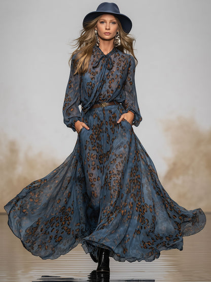 Fashionable Retro Long-sleeved Leopard Print Dark Blue Chiffon Maxi Dress