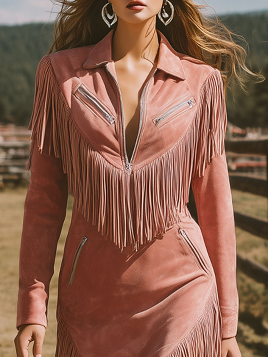 Western Retro Long-Sleeved Pink Faux Suede Tassel Zipper Midi Dress