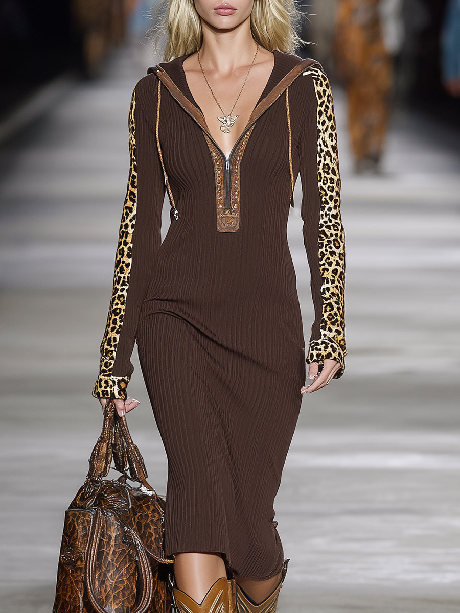 Stylish Brown Hooded Leopard Print Midi Dress