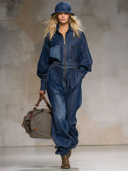 Retro-style Collared Multi-pocket Zippered Denim Jumpsuit