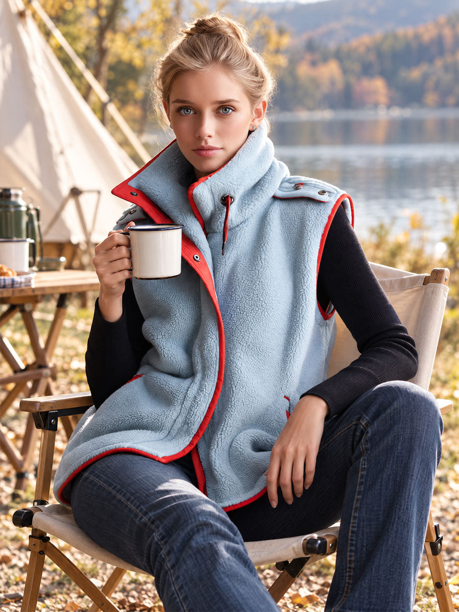 Retro Casual Light Blue Fleece Color-blocked High-neck Zip-up Vest