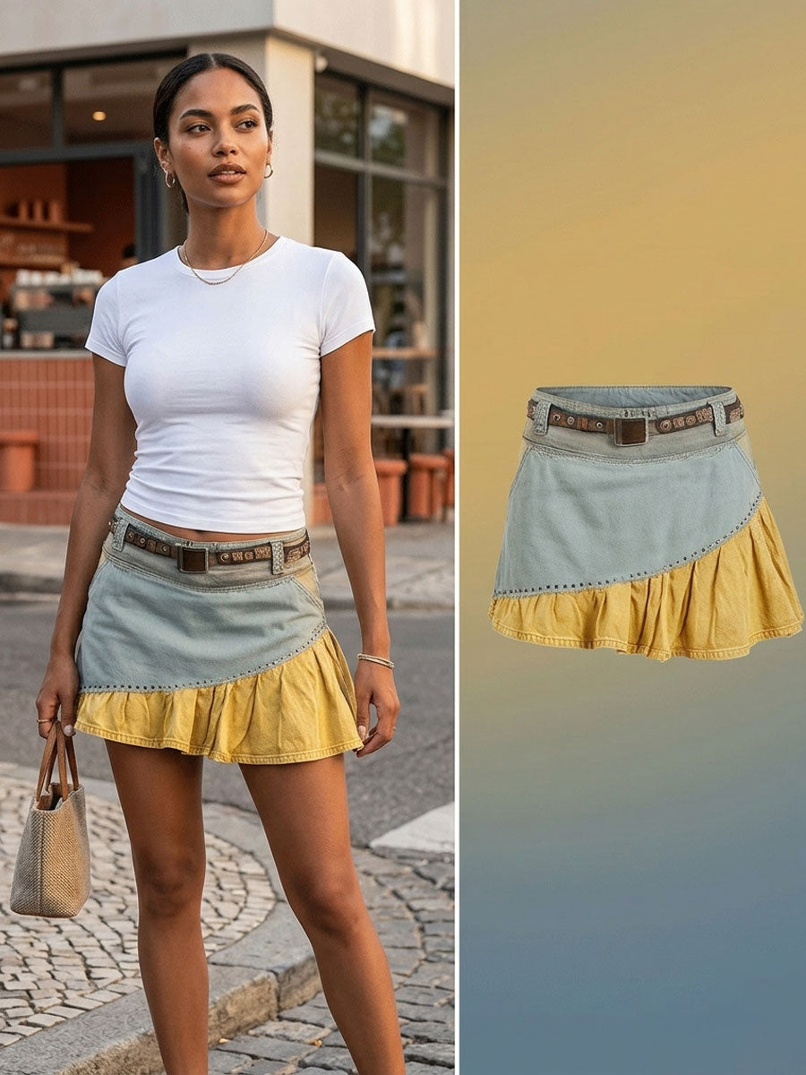 Western Retro Studded Ruffled Color-Blocked Denim Midi Skirt