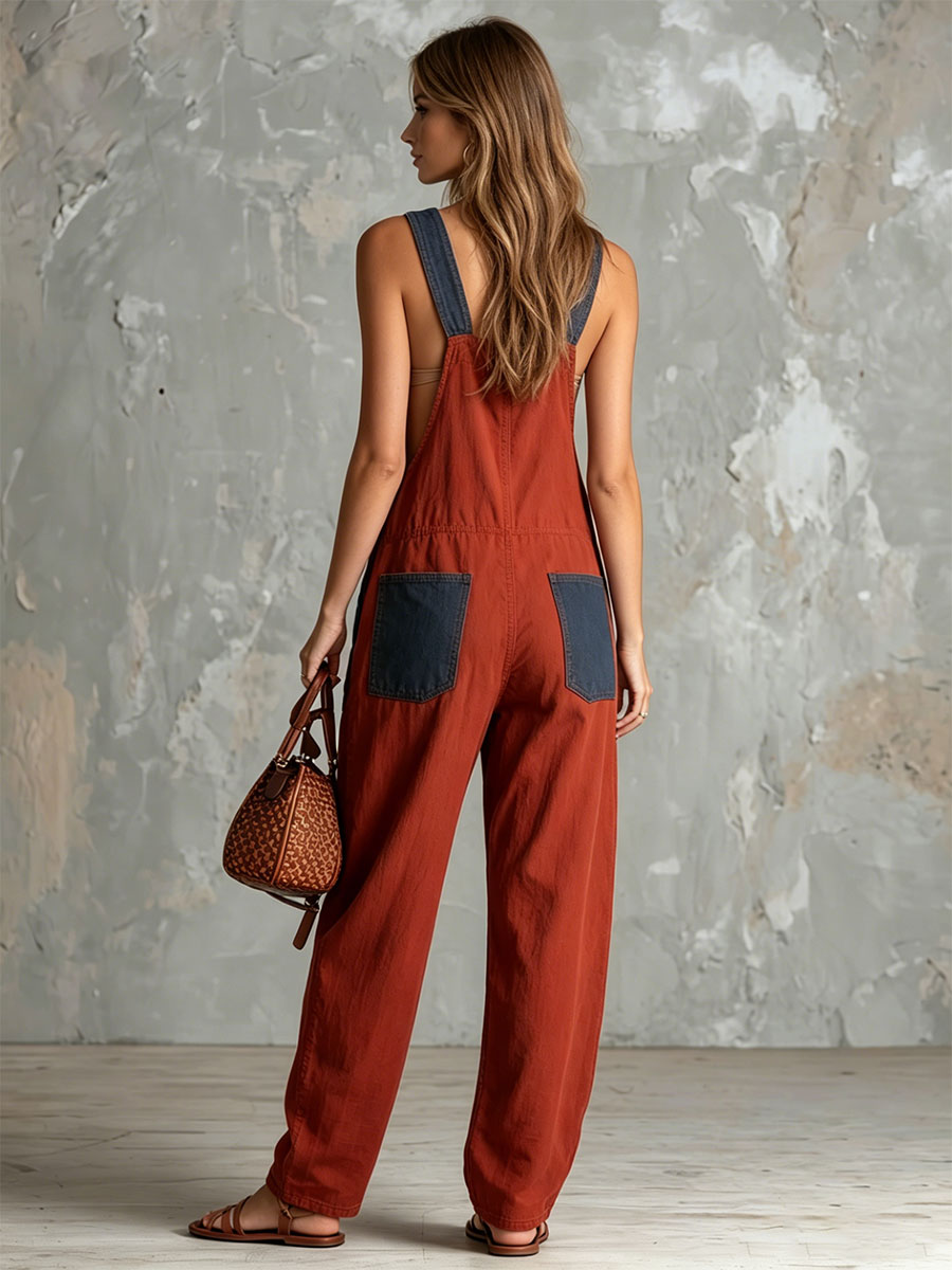 Casual Retro Denim Patchwork Red Overall Cotton Jumpsuit