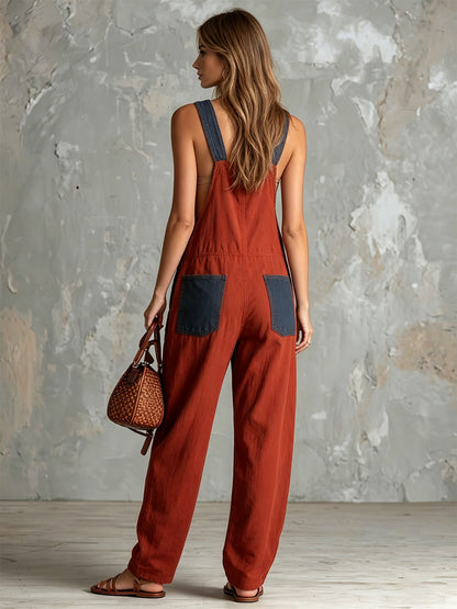 Casual Retro Denim Patchwork Red Overall Cotton Jumpsuit