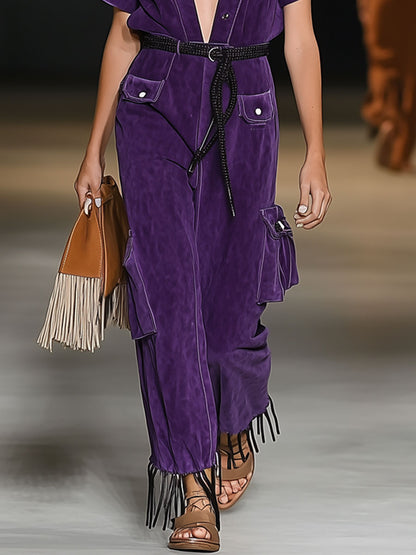 Casual Loose Retro Purple Suede Short Sleeve Tassel Wide Leg Jumpsuit