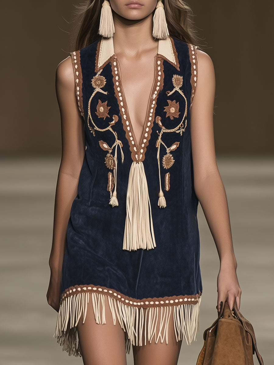 Casual Loose Vintage Suede Bohemian Embroidered Tassel Sleeveless Mini Dress