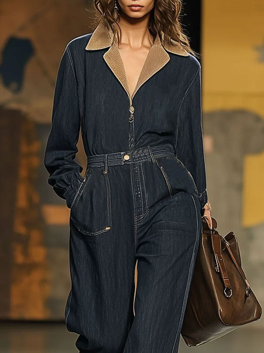 Casual Loose Retro Denim Corduroy Stitching Zipper Long Sleeve Jumpsuit