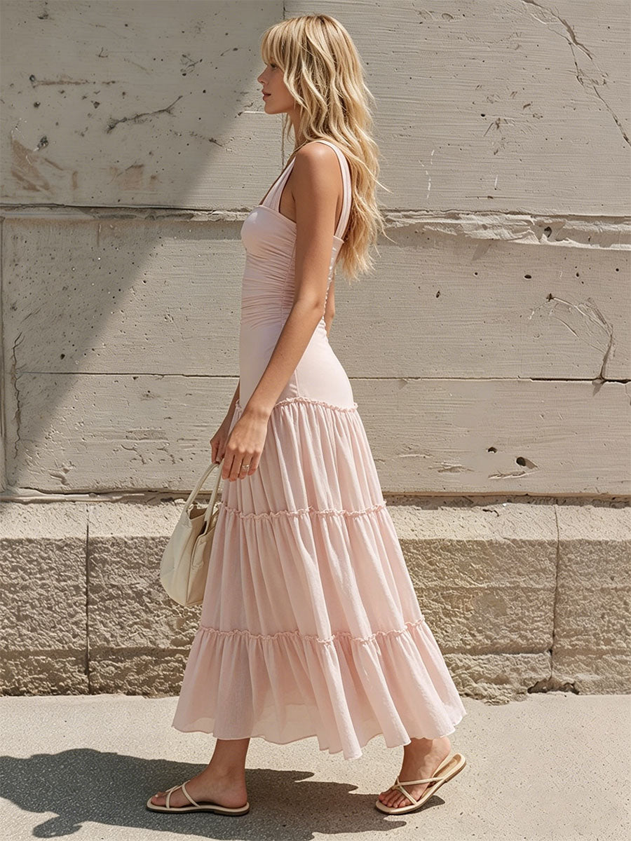 Retro-elegant Pink Sleeveless Low-waisted Cotton And Chiffon Midi Dress