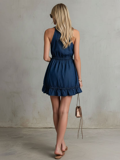 Casual Retro Tie Blue V-neck Sleeveless Button Denim Mini Dress