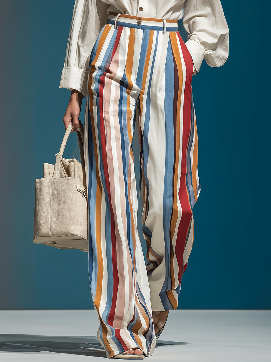 Retro Solid Color Shirt And Colorful Striped Wide-leg Pants Set