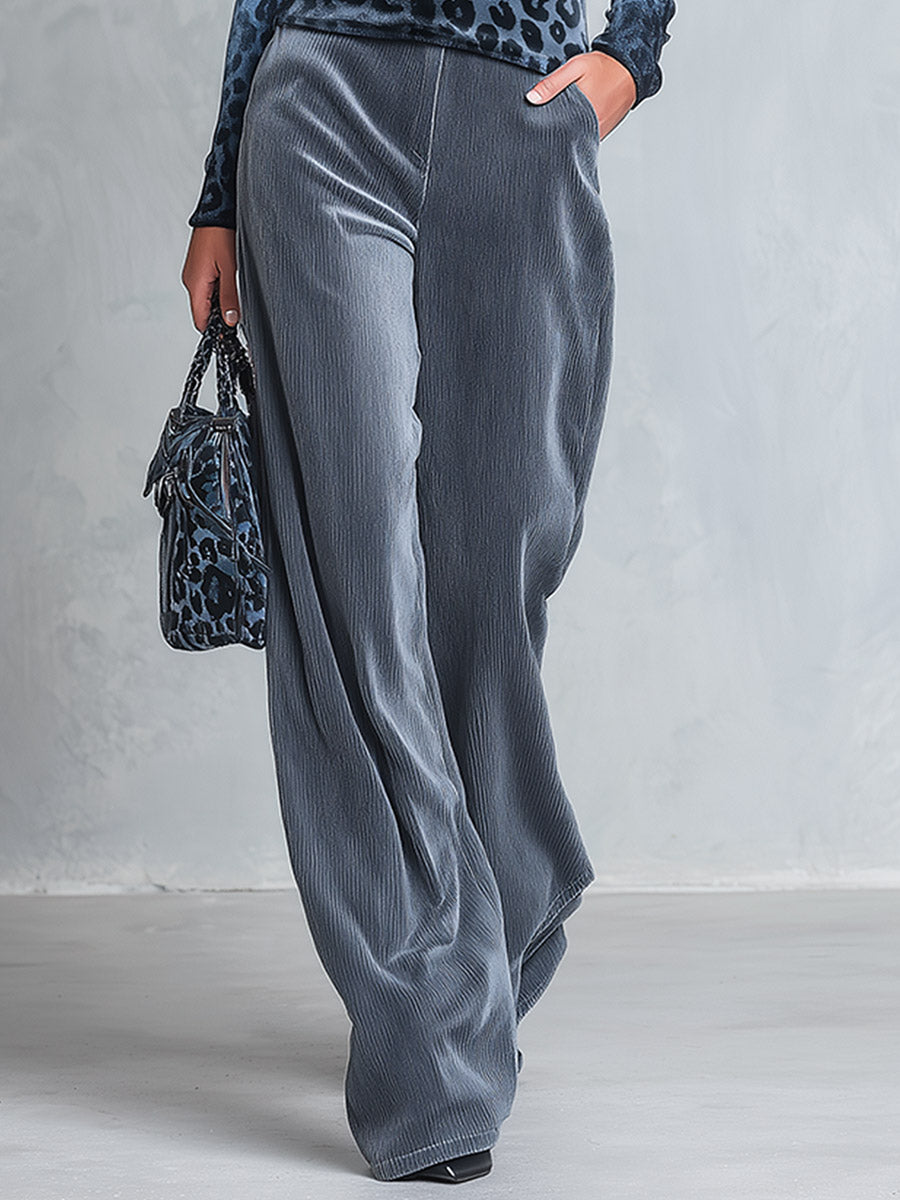 Stylish Retro Blue-Grey Leopard-Print High-Neck Top And Wide-Leg Pants Velvet Set