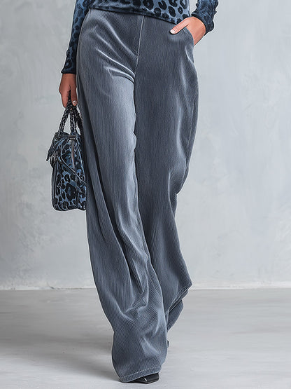 Stylish Retro Blue-Grey Leopard-Print High-Neck Top And Wide-Leg Pants Velvet Set