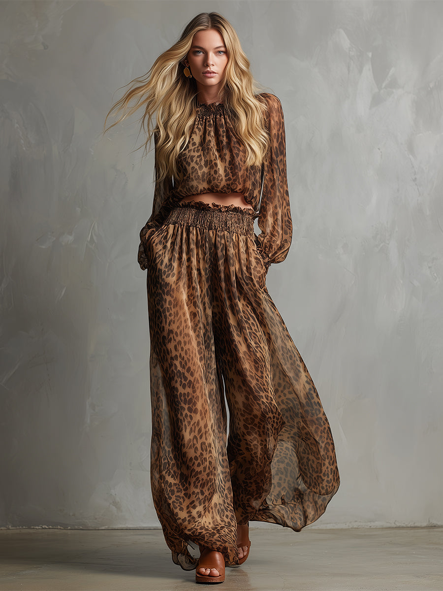 Urban Brown Leopard Print T-shirt And Wide-leg Pants Set