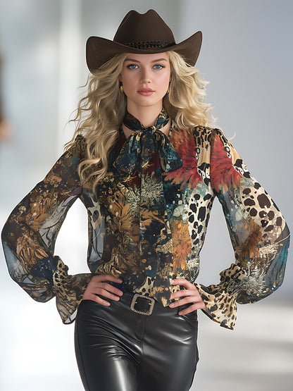 Retro-chic Art Print Chiffon Ribbon Shirt