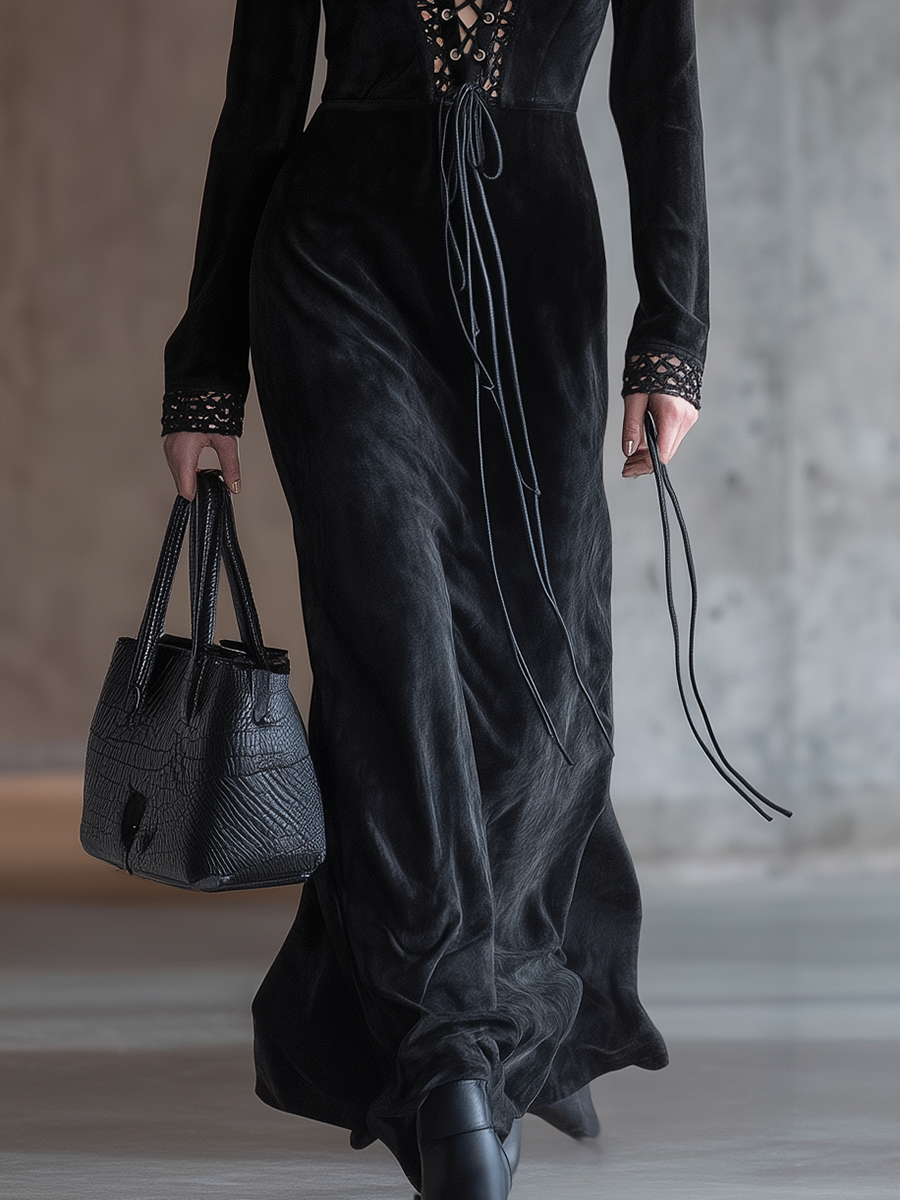 Chic Western-style Lace-up Black Faux Suede Maxi Dress