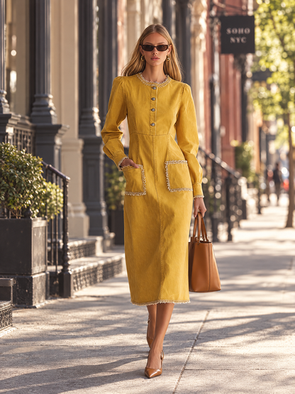Mustard Button Front Denim Midi Dress With Raw Edge Trim