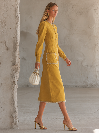 Mustard Utility Maxi Dress Button Front Patch Pocket Long Dress