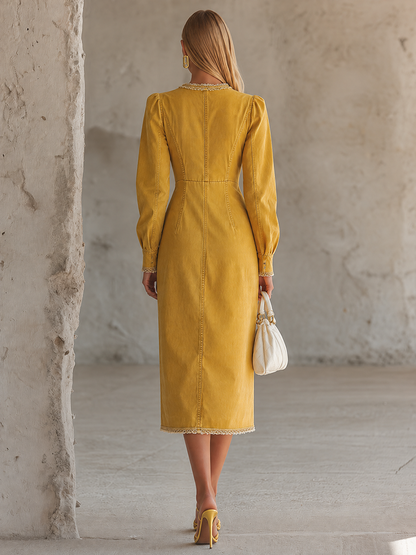 Mustard Utility Maxi Dress Button Front Patch Pocket Long Dress